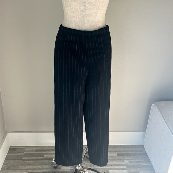 Vintage Saks Fifth Avenue wool drawstring black pinstripe wide leg trousers - Picture 5 of 7